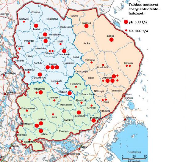 KUVA 1. It-Suomen alueen energiatuotantolaitosten vuodessa tuottamat tuhkamrt (yli 500 t/a ja 50 - 500 t/a) (Soininen ym. 2010, 95)