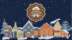 Piirroskuva, jossa tummansinisellätaustalla taloja rivissä ja sataa lunta. Avoimien Joulukylien logo.